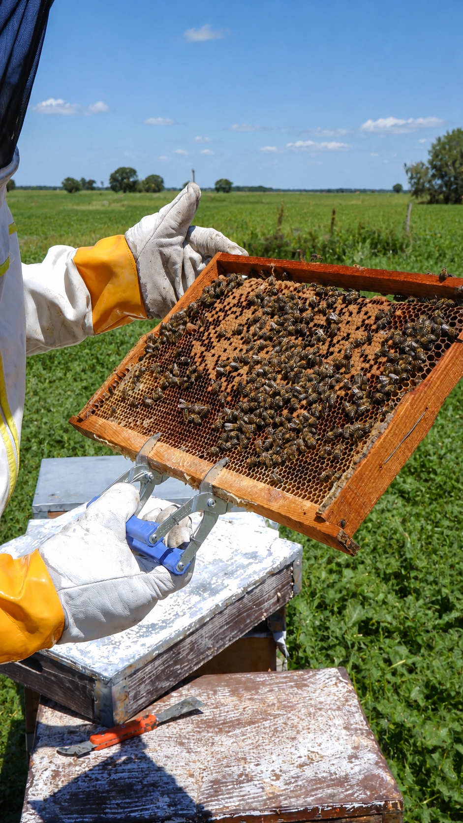 Apicultor monitoreando colmenas en campo durante un servicio de polinización